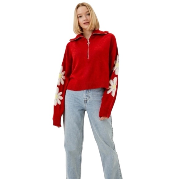 TOPSHOP Red Daisy Quarter Zip Collared Crop Cozy Knit Sweater Womens 10 - Picture 2 of 15
